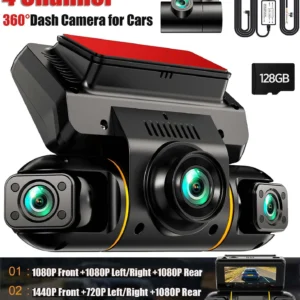 Dash Cam 4 Channel 360° Front Rear Inside DashCam, FHD 1080P Car Camera 128GB